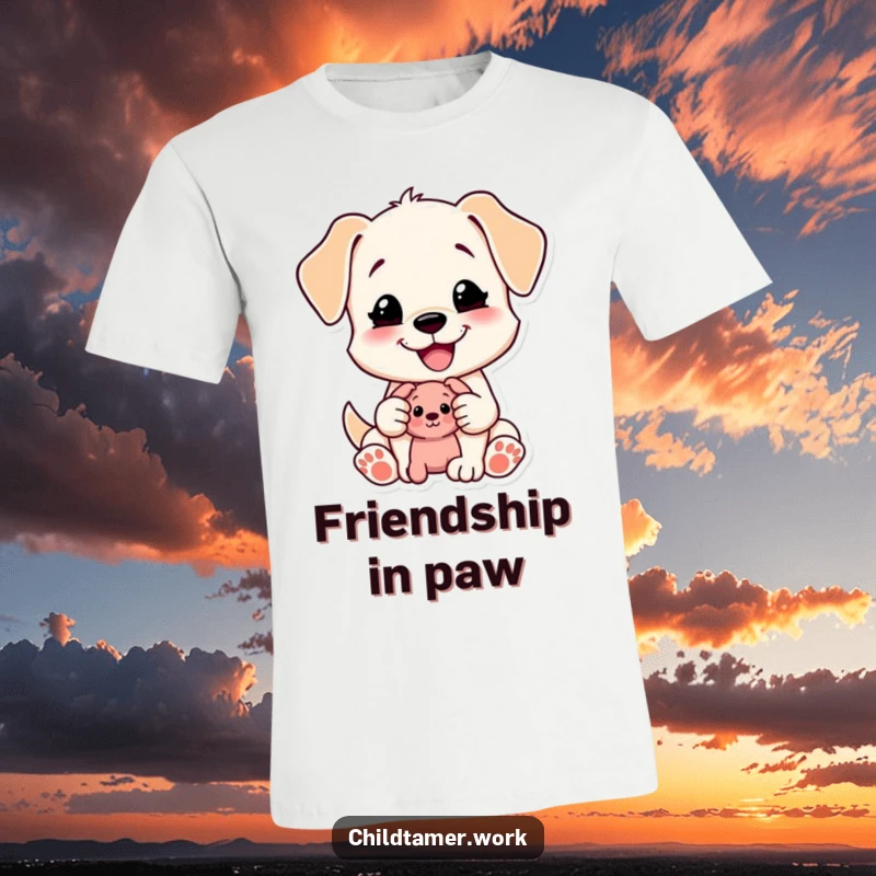 Funny Puppy T-Shirt: a content puppy character happily shares a small toy. A heartwarming and funny gift.