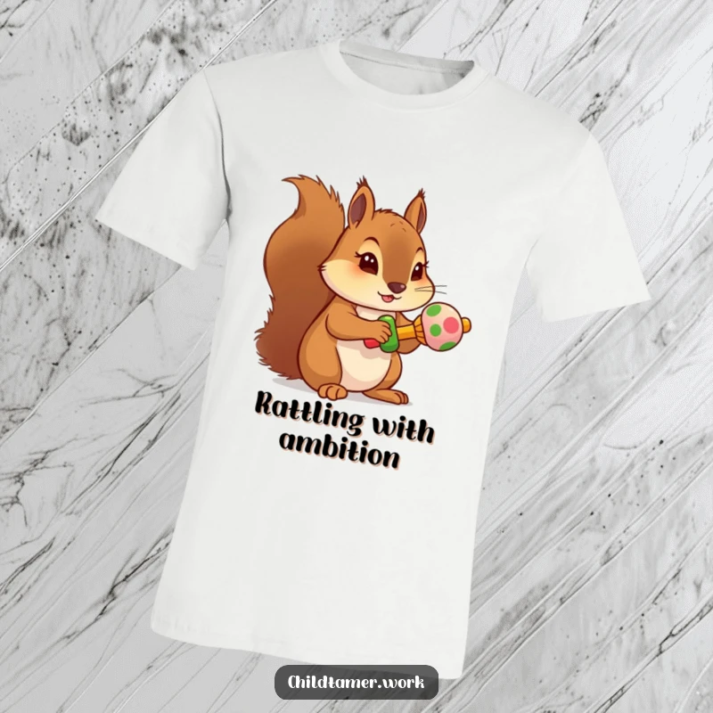 Funny squirrel rattle t-shirt featuring a determined character clutching a small, colorful rattle tightly.