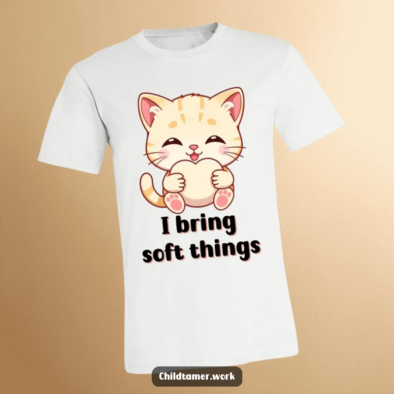 Funny smiling kitten hugging a soft comfort object on a t-shirt, adorable and cozy apparel.