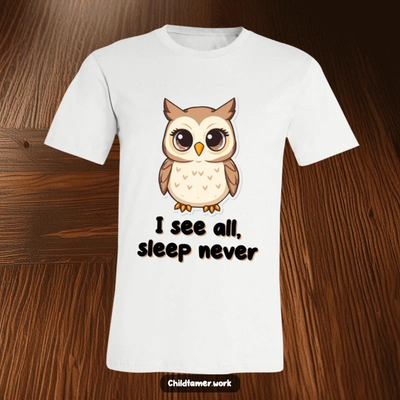 Funny T-Shirt depicting a nurturing owl with large, wide eyes, humorously observing the world with attentive and insightful vigilance.