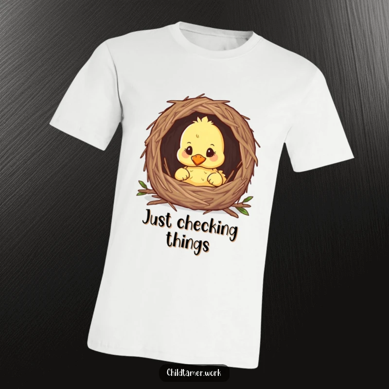 Funny duckling peeking from a nest on a comfy t-shirt, showcasing a cute and curious baby bird.