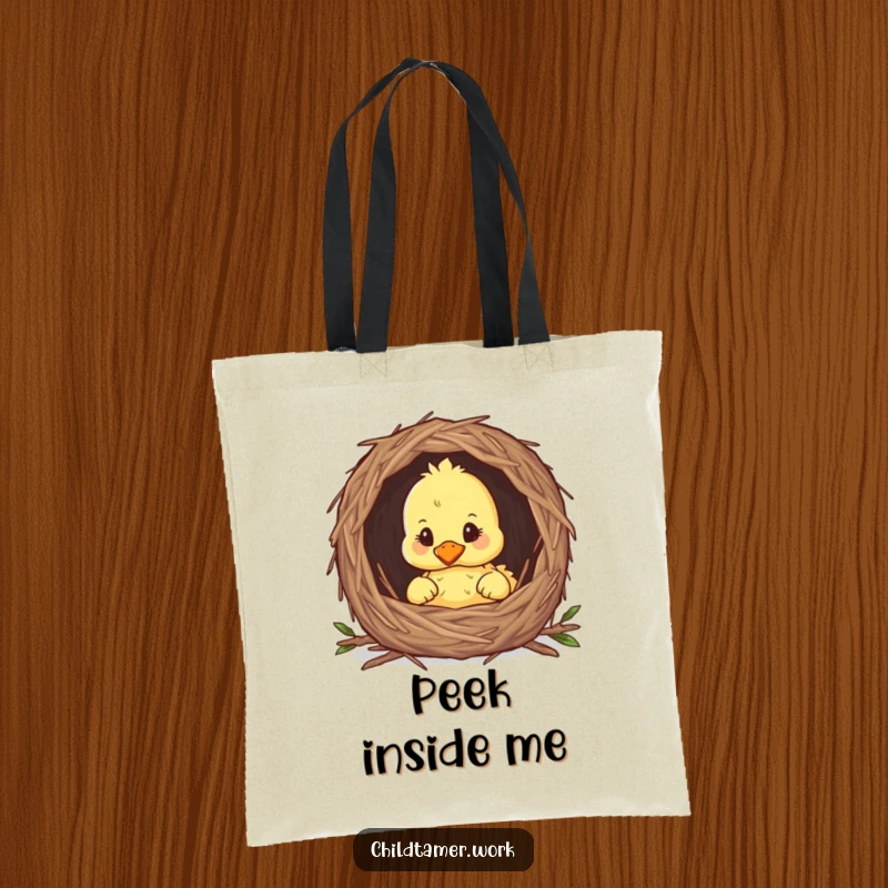 Funny duckling peeking from a nest on a durable tote bag, a cute and whimsical accessory.