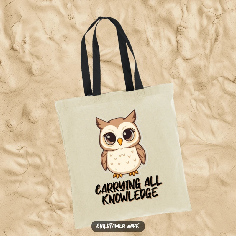 Funny Tote Bag featuring a nurturing owl with wide eyes, humorously watching over your items with diligent and attentive care.