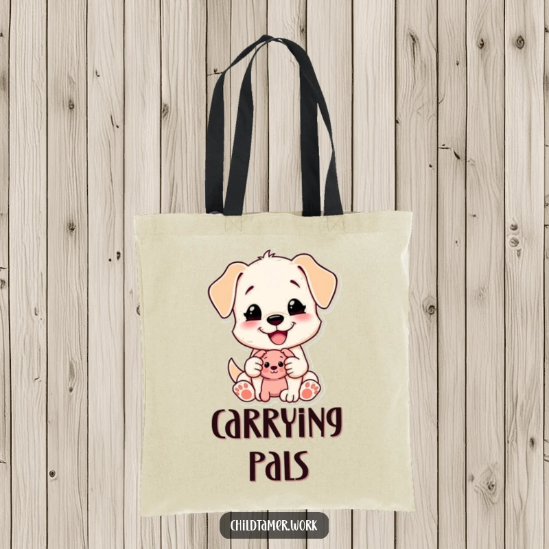 Funny Puppy Tote Bag: a content puppy character happily shares a small toy. A cute bag for a funny gift.